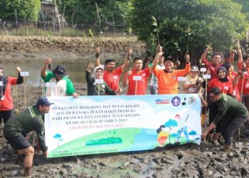 Alfamart bersama Kwarcab Cilacap menanam mangrove dan tunas kelapa dalam rangka Hari Bhakti Pramuka. (ISTIMEWA)